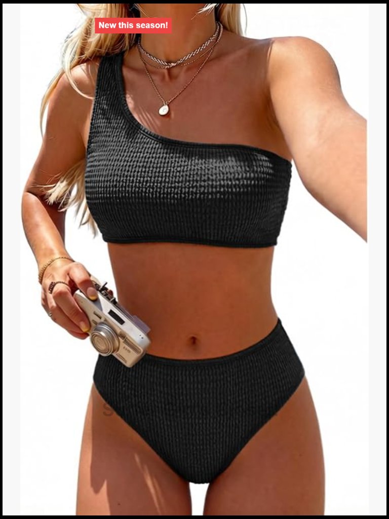 High Waisted Bikini Set - One Shoulder Tummy Control Bathing Suit